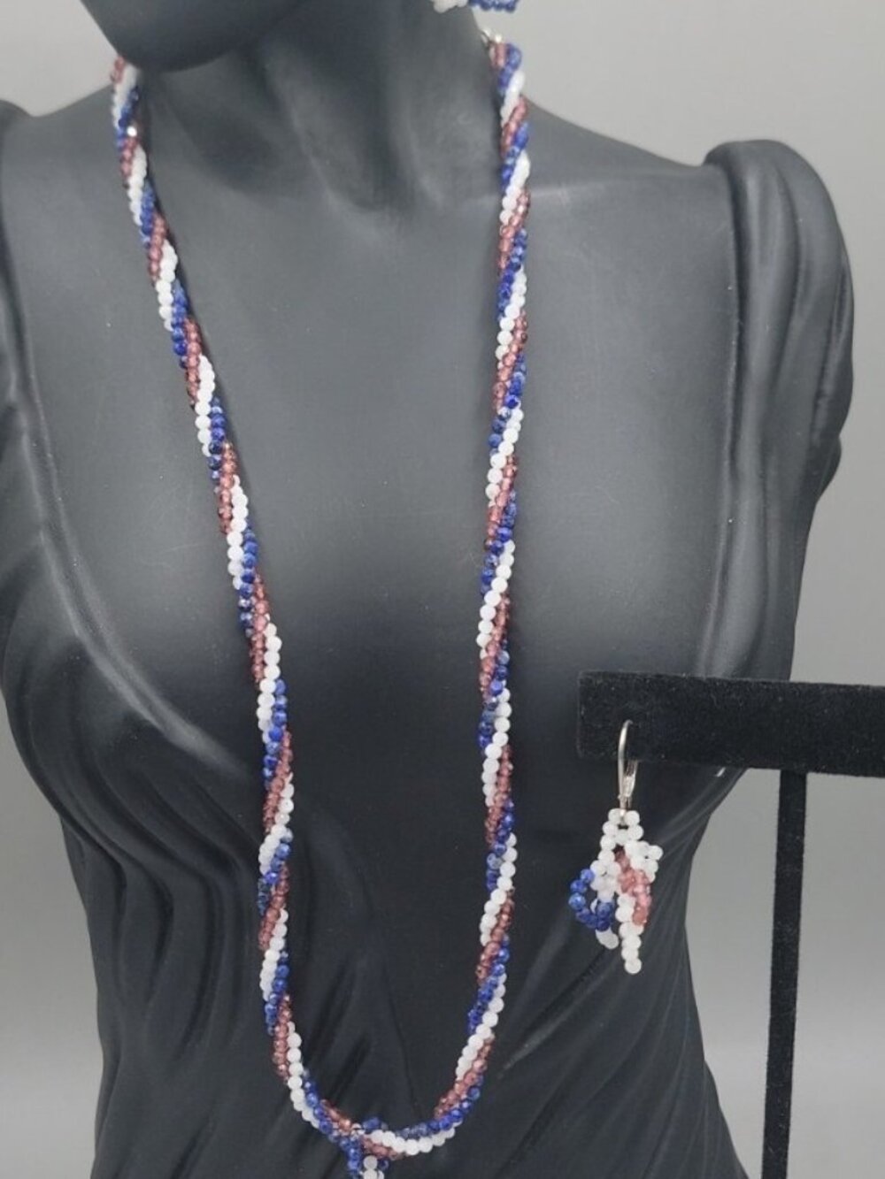 BBJ Sterling Silver Patriotic Red White Blue Beaded Rope Necklace Earrings Set